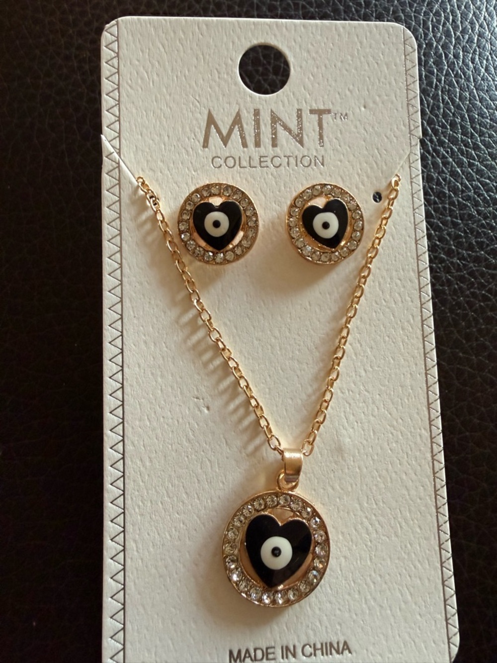 Mint Gold-Tone Black & White Heart Evil Eye Necklace and Stud Set